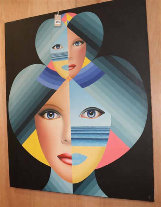 Anthony John Gray (b. 1946) Two faces and abstract hearts on a black ground 40.5 x 34in., unframed